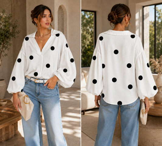 Women's Elegant Polka Dot Print Blouse – V-Neck Puff Lantern Sleeve