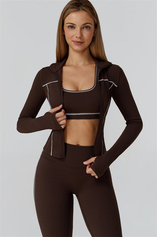 Venus Zip Top Sports Bra Leggings 3-Piece Set - Bistre 1