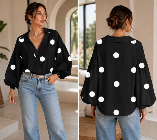 Women's Elegant Polka Dot Print Blouse – V-Neck Puff Lantern Sleeve
