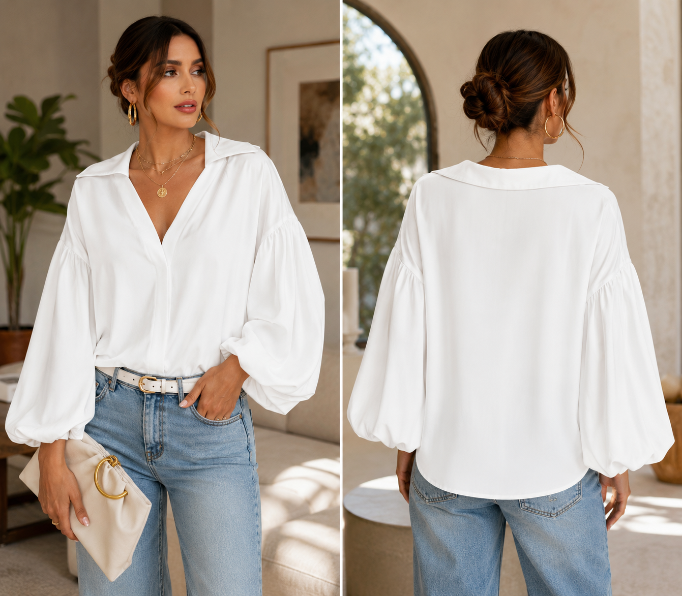 Women's Elegant Polka Dot Print Blouse – V-Neck Puff Lantern Sleeve