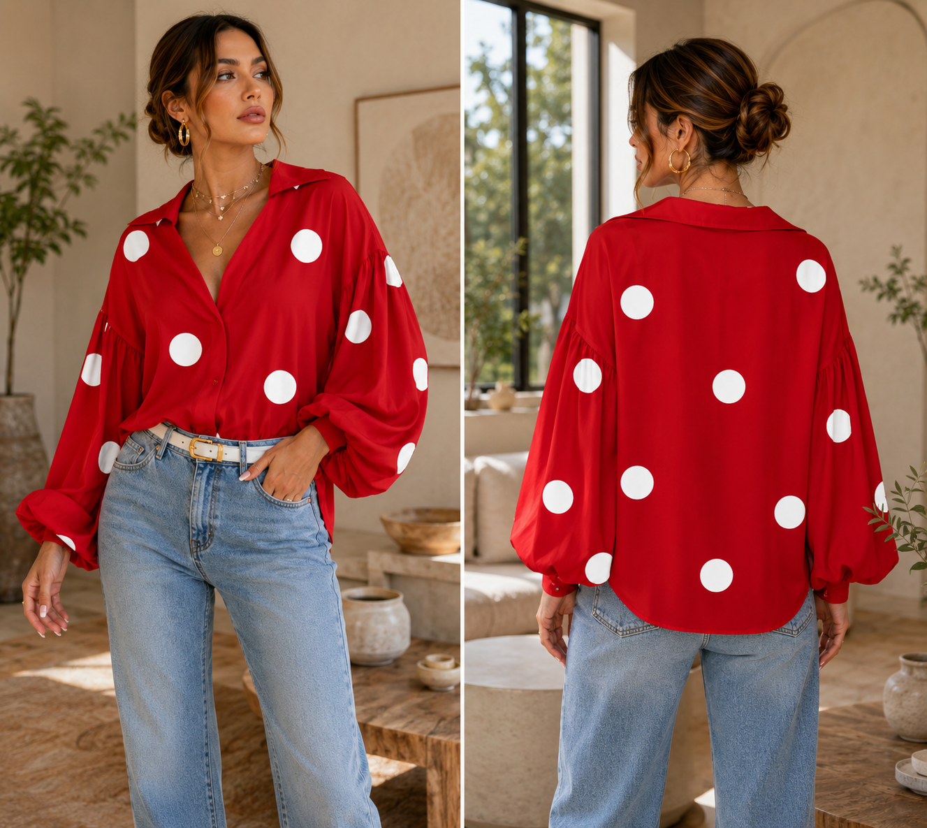 Women's Elegant Polka Dot Print Blouse – V-Neck Puff Lantern Sleeve
