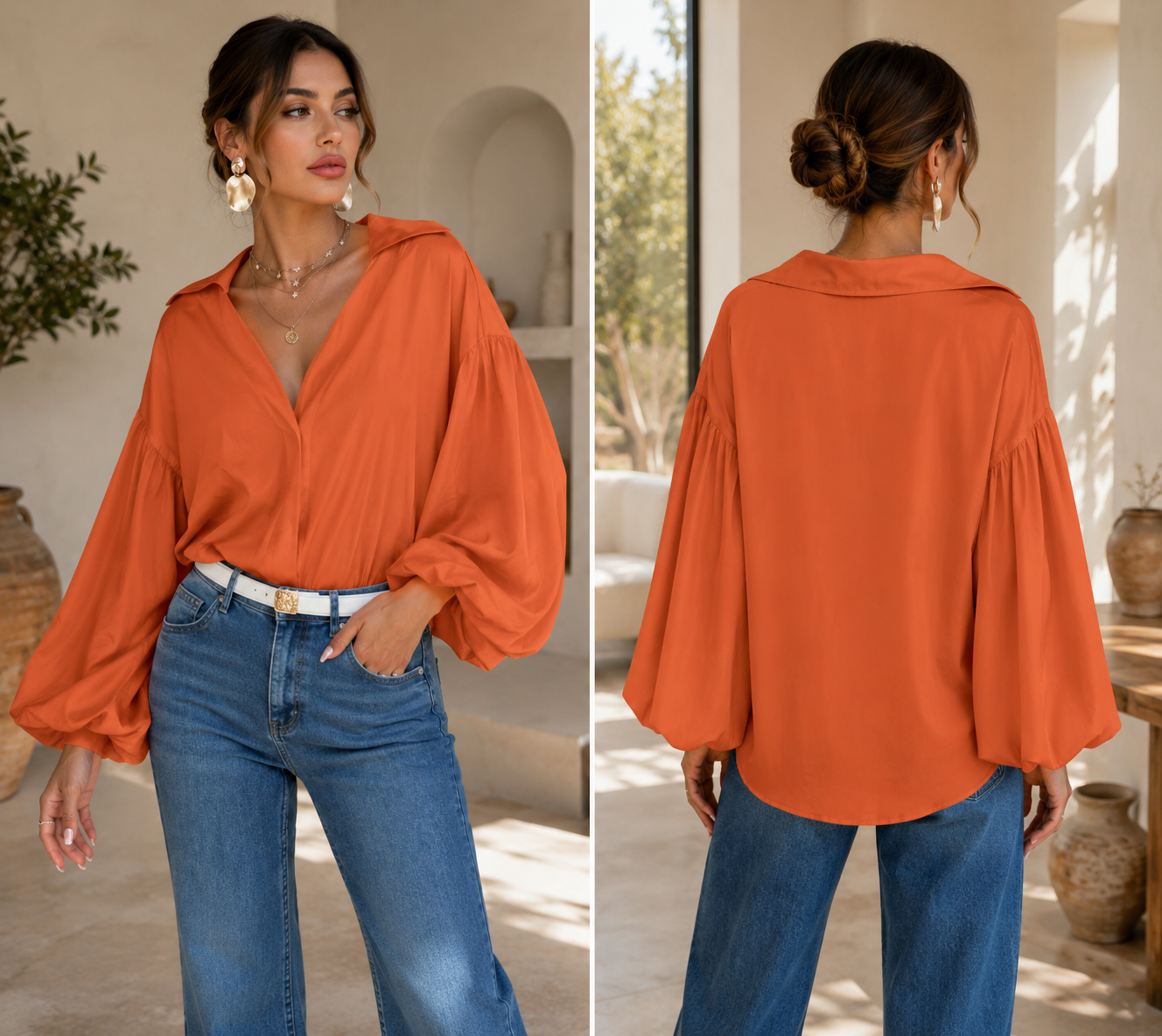 Women's Elegant Polka Dot Print Blouse – V-Neck Puff Lantern Sleeve