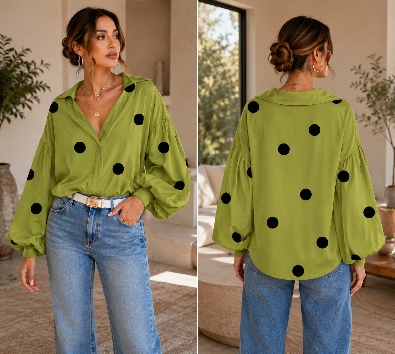 Women's Elegant Polka Dot Print Blouse – V-Neck Puff Lantern Sleeve