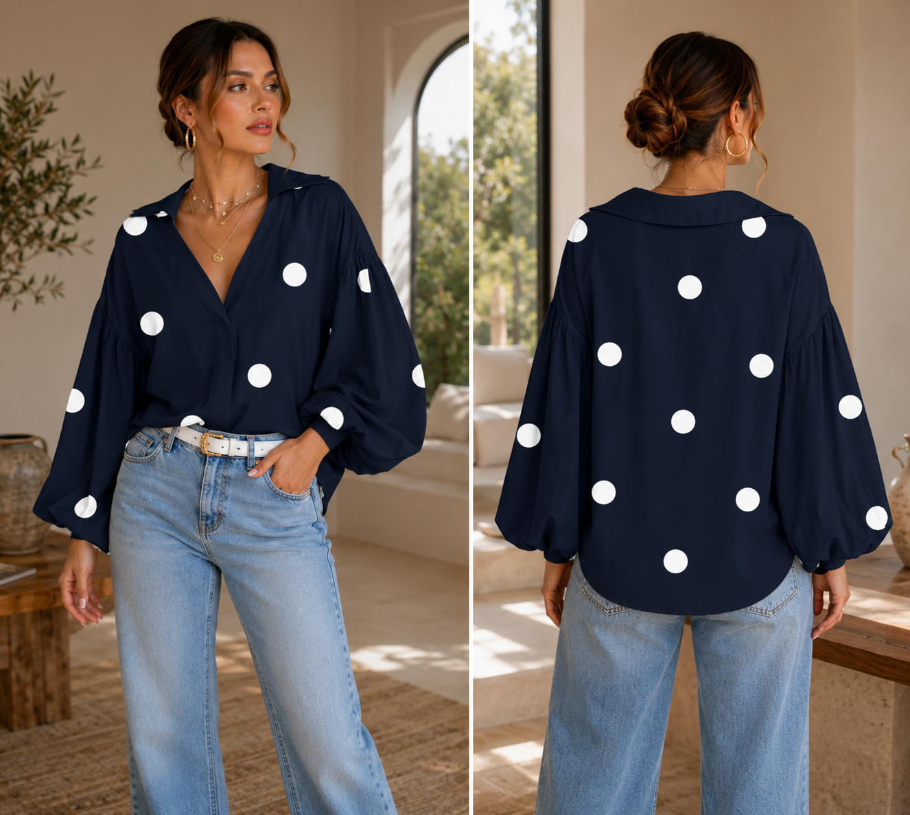 Women's Elegant Polka Dot Print Blouse – V-Neck Puff Lantern Sleeve