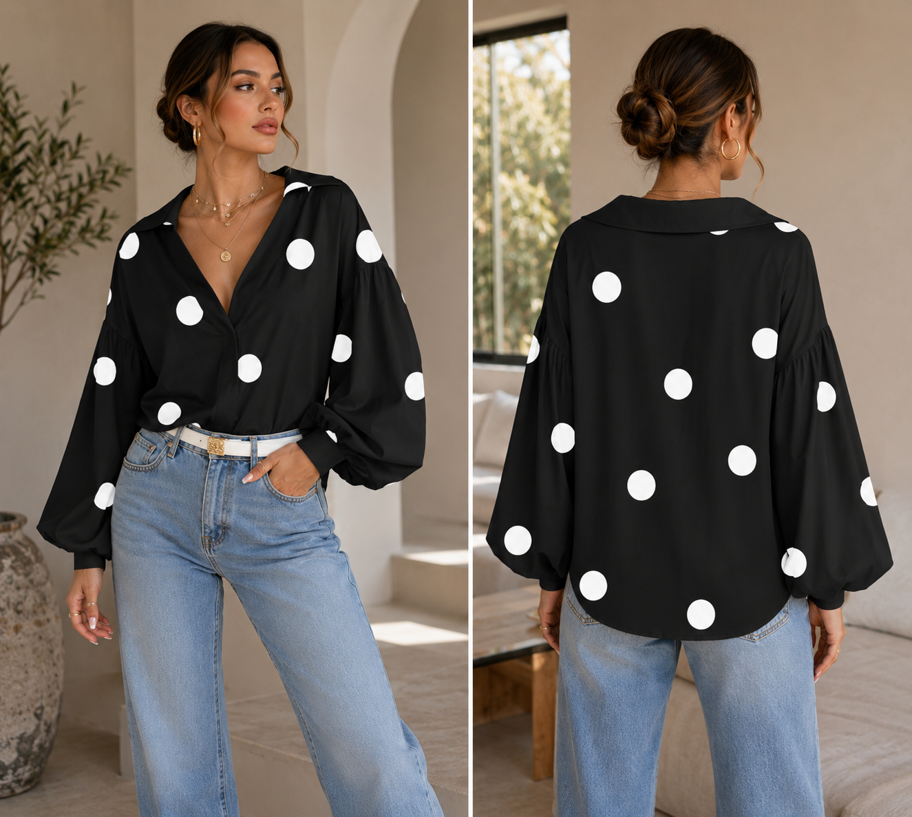 Women's Elegant Polka Dot Print Blouse – V-Neck Puff Lantern Sleeve