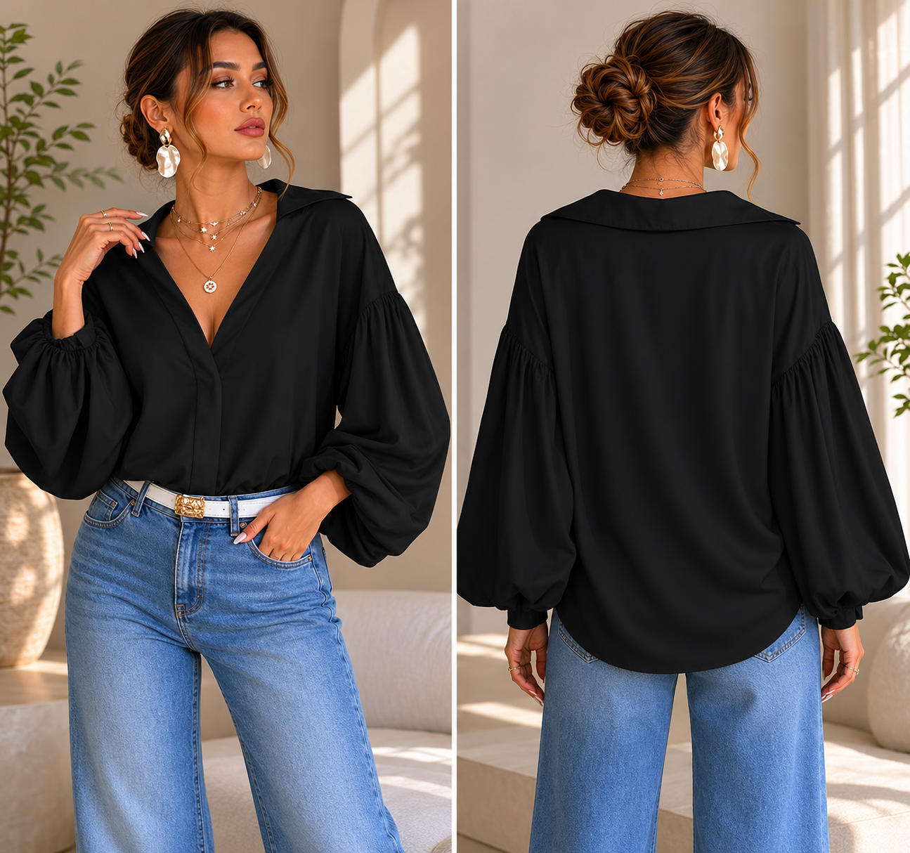Women's Elegant Polka Dot Print Blouse – V-Neck Puff Lantern Sleeve